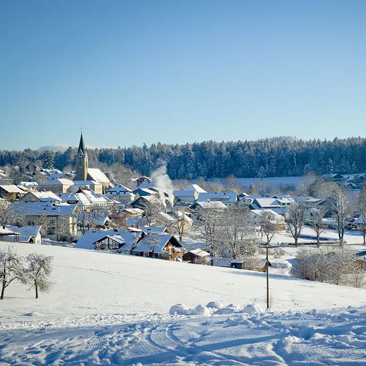 Schneebedeckter Schlittenhang und charmante Häuser im Winterlicht