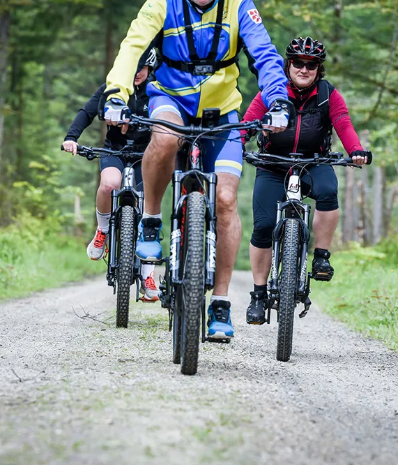 Auf einem Waldweg im radeln drei Personen, mit Fahrradkleidung auf markierten Radwegen durch den Nationalpark Bayerischer Wald.