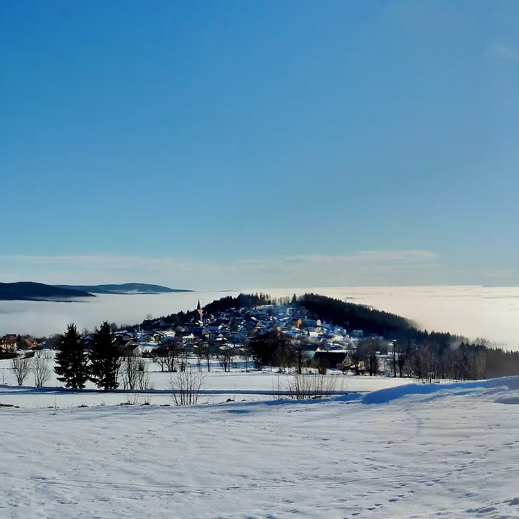 Schneebedeckte Landschaft mit Nebelmeer und verhüllten Bergspitzen, mittendrin das Örtchen Finsterau Die Sonne glitzert hell über der verschneiten Ebene, während Nebel die Täler um das Dorf Finsterau umhüllt.