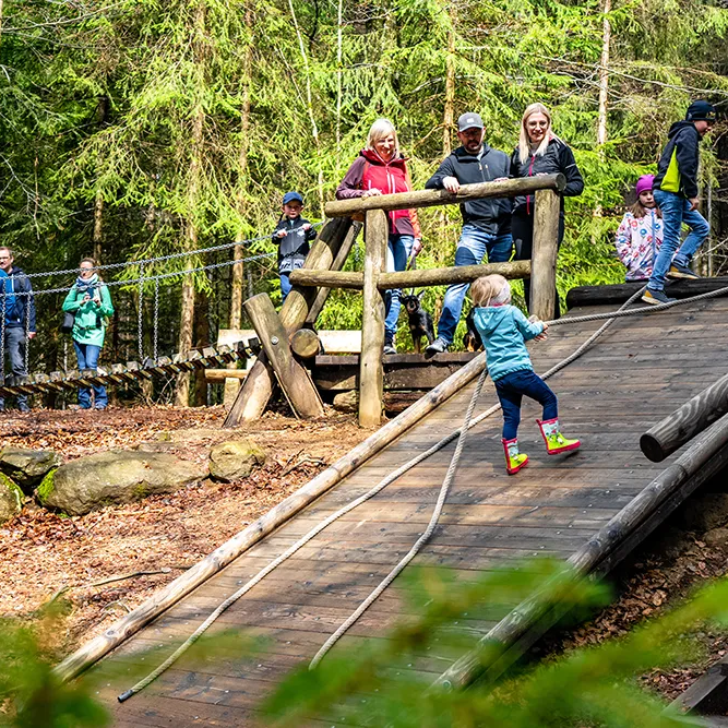 Ein Kind mit türkisfarbenem Shirt und bunten Stiefeln erklimmt die Holzrampe, umgeben von den Bäumen im Waldspielgelände unter der Beobachtung einer Gruppe von Erwachsenen.