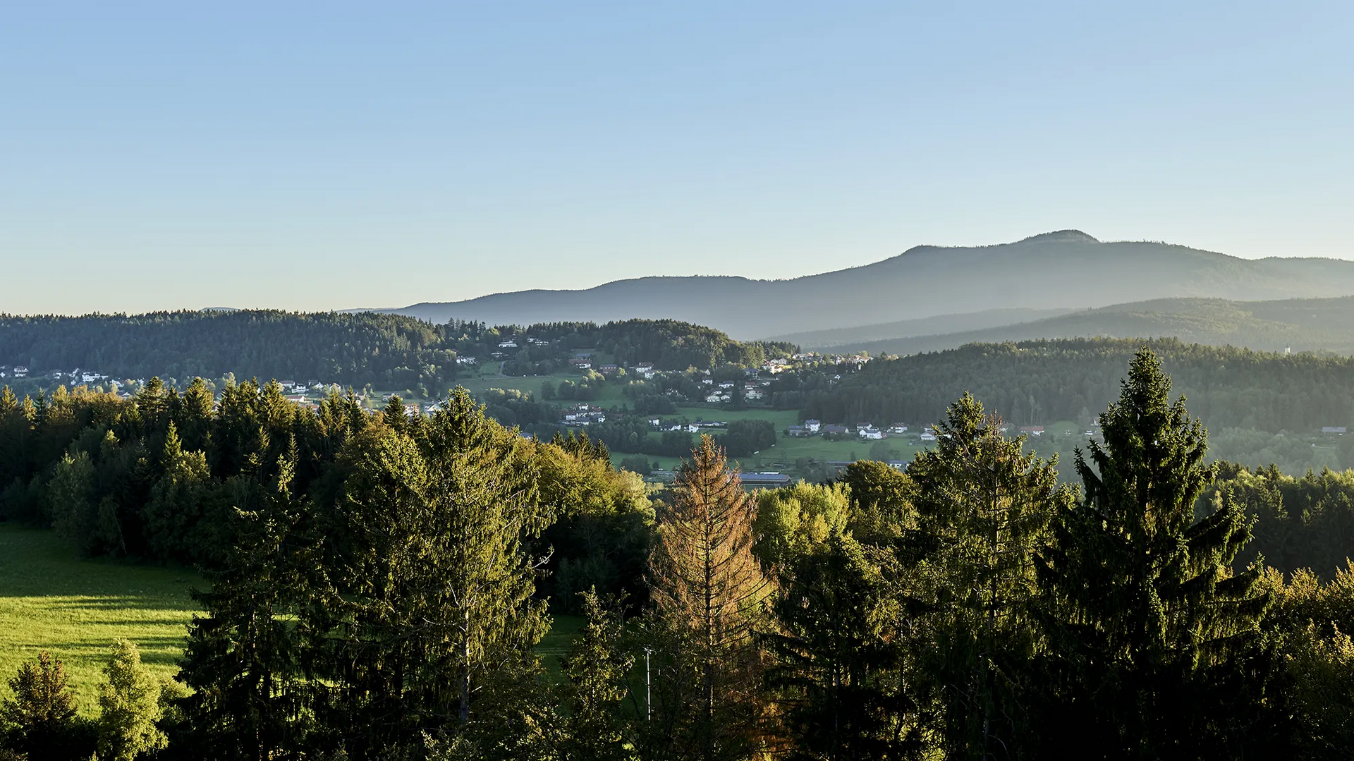 Das wunderschöne Tal um Spiegelau gelegen, am Fuße der Hausberge der bayerischen Mittelgebirgslandschaft, mit üppigen Bäumen und kleinen Häusersiedlungen, das von der goldenen Sonne beleuchtet wird.