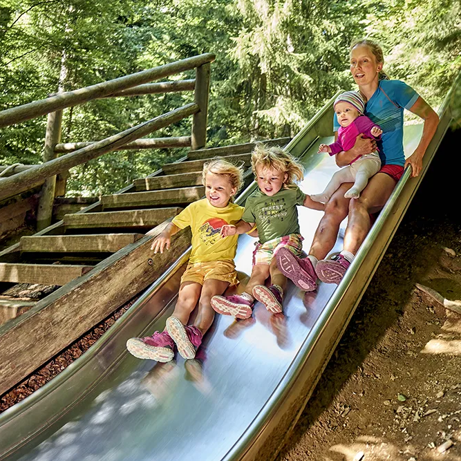 Eine Mutter mit zwei Kindern genießt einen aufregenden Rutsch auf einer metallischen Rutsche am Spielplatz im Wald.