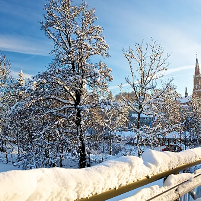 Romantische Winteransicht mit Kirchturm Zwiesel Die verschneite Landschaft mit schneebedeckten Bäumen, verschneiten Fluß mit der Stadtpfarrkirche Zwiesel im Hintergrund