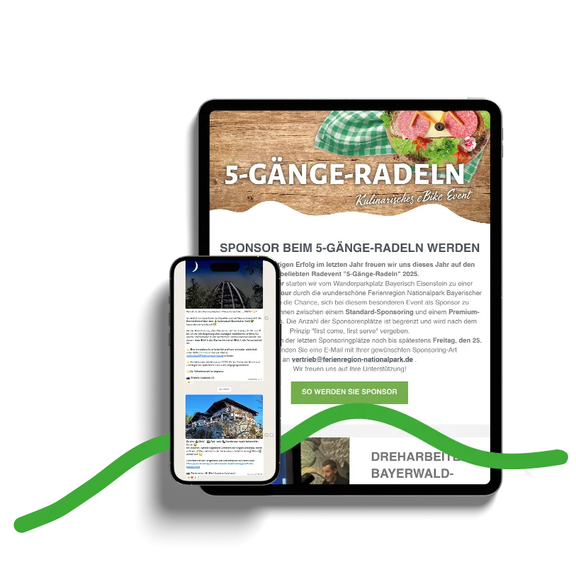 Auf einem Tablet und einem Smartphone werden Details angezeigt zu Ferienregions-Highlights, zur Bewerbung des Newsletters.