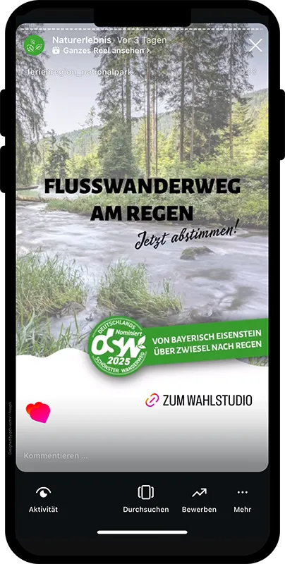 Ein Symbolbild am Handy: Die idyllische Landschaft am Regenfluss zeigt dichte Wälder und einladende Wasserläufe, perfekt für Naturfreunde.
