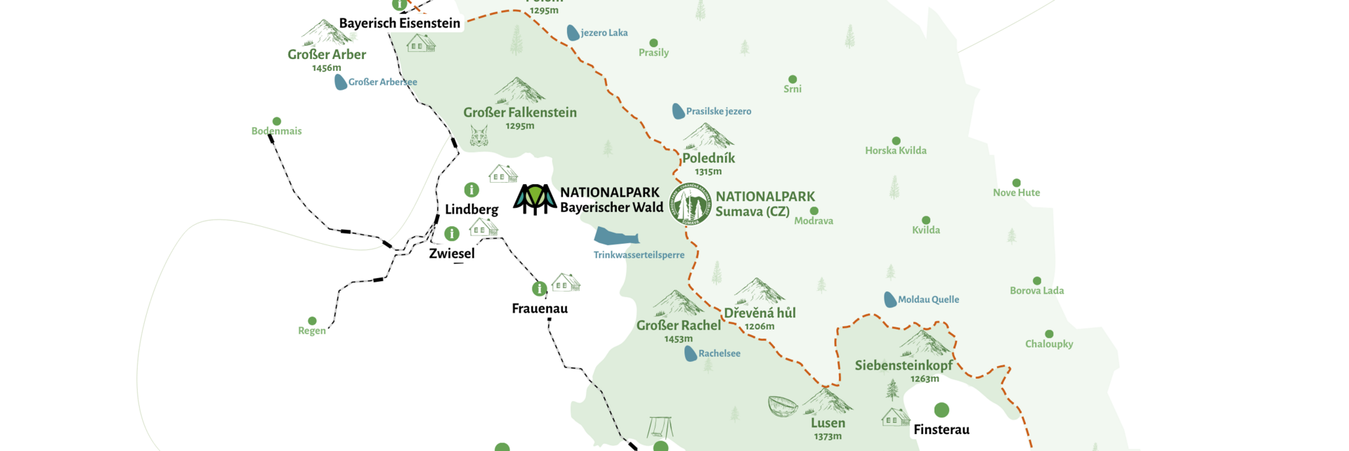 Eine detaillierte Karte mit dem Umriss des Nationalparks Bayerischer Wald und Sumava mit wichtigen Orten.
