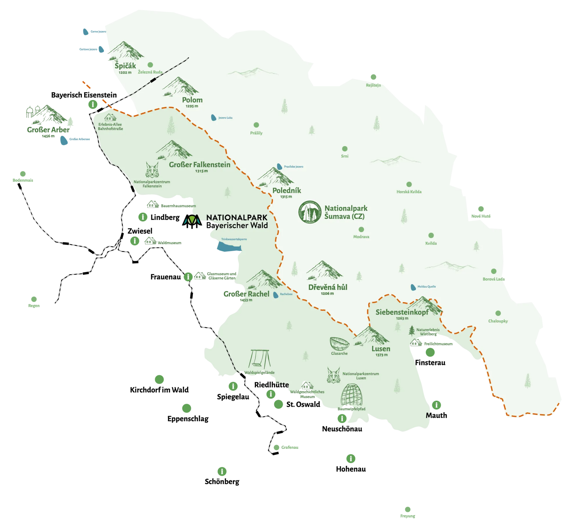 Eine detaillierte Karte des Nationalparks Bayerischer Wald mit markierten Wanderwegen und wichtigen Punkten der Umgebung.