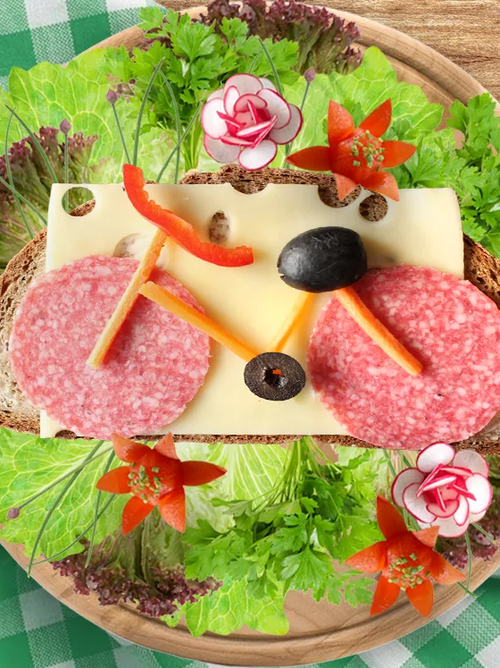 5-Gänge-Radeln mit Fahrrad-Brotzeit in Form eines Fahrrads, mit frischen Zutaten 5-Gänge Radeln