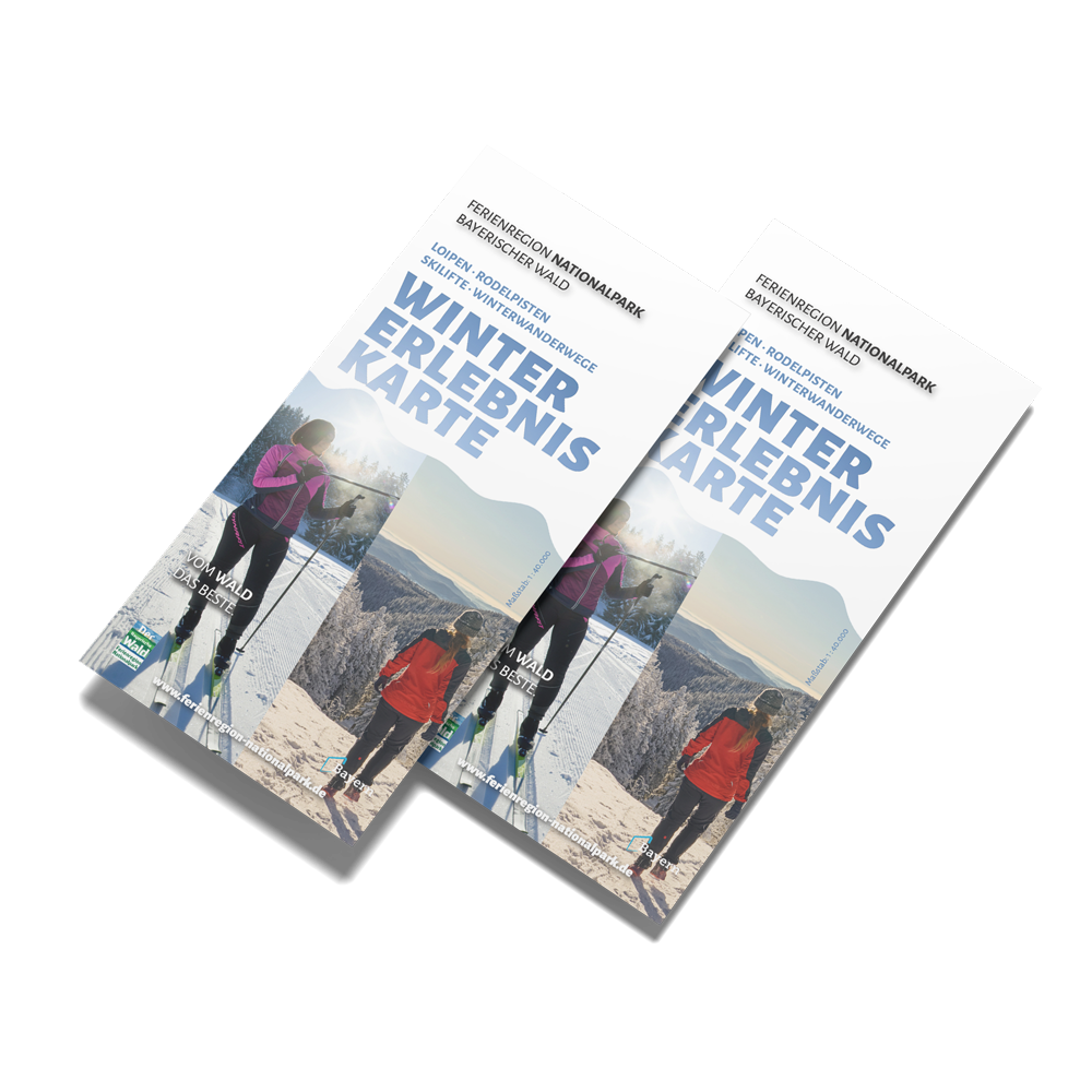 Zwei Wintererlebnis-Karten liegen aufeinander, sie beinhalten eine Vielzahl an Winteraktivitäten, die sich im Winterwunderland Ferienregion erleben lassen.