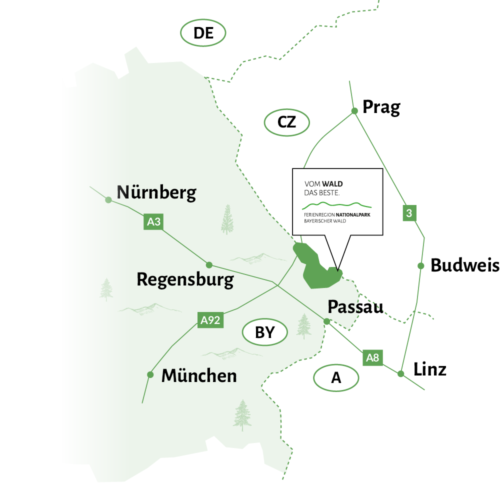 Orientierungs-Karte der Ferienregion mit Anfahrtsmöglichkeiten von umliegenden Städten Eine Karte zeigt die Region rund um die Nationalparkregion, umgeben von wichtigen Städten wie Regensburg und Nürnberg, die Orientierung schaffen soll.