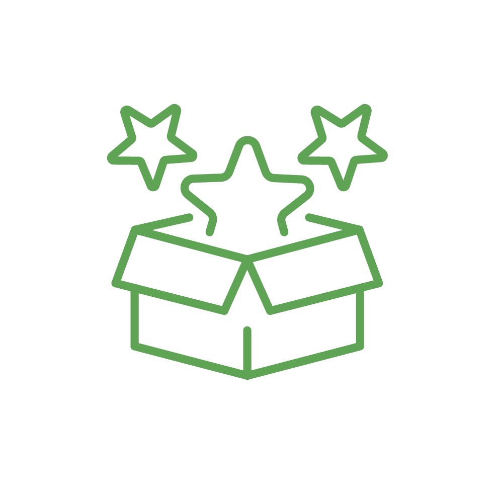 Skizzierte geöffnete Box mit Sternen darüber, die benefits symbolisieren.